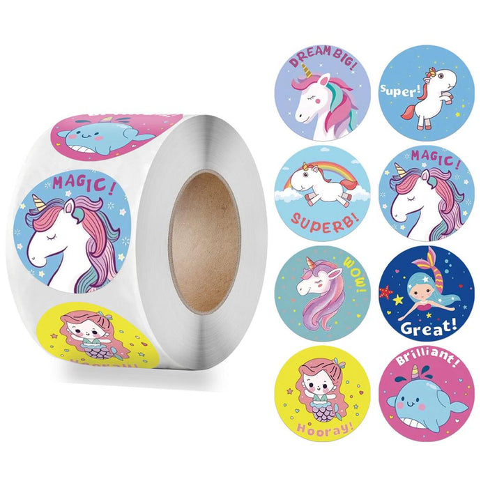 Reward Sticker for Kids Mermaid Unicorn Animal Cute Pattern 500pcs/roll 1 inch 8 Designs School Teacher Supplies Child Sticker